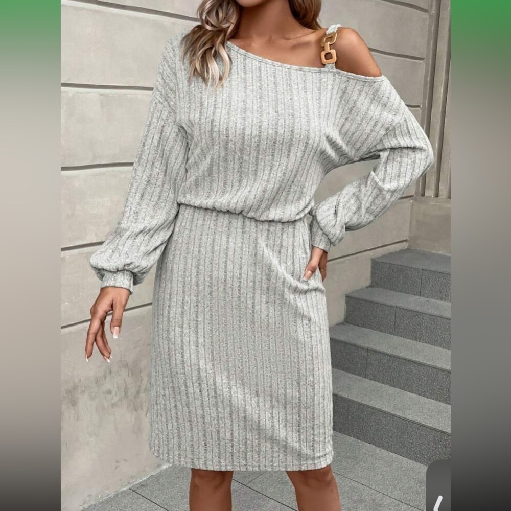 SHEIN LUNE Metallic Button Asymmetric Neckline Lantern Sleeve Ribbed Kni… - Picture 9 of 16
